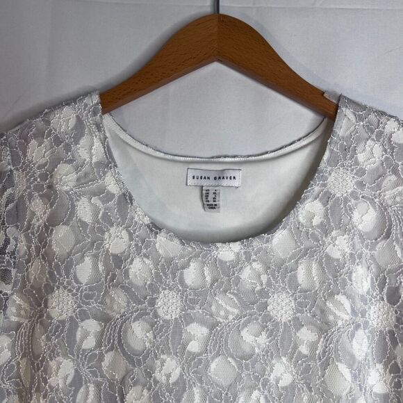 Susan Graver White Lace Overlay Scoop Neck Short Sleeve Blouse Size Large - Picture 3 of 9